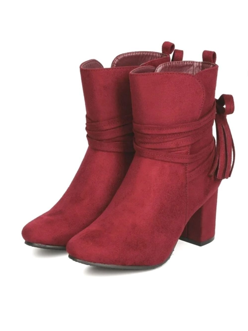 REFRESH Women's Faux Suede Almond Toe Tasseled Chunky Heeled Bootie Wine SZ 6